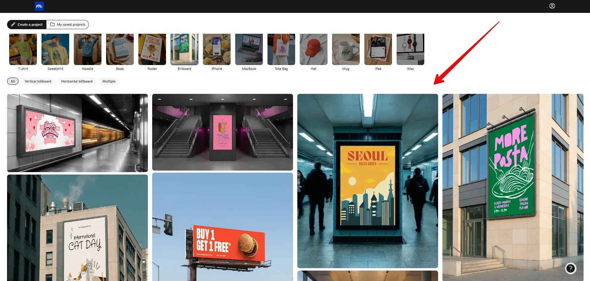 Modor page showing billboard templates including subway ads, street billboards, and building posters.
